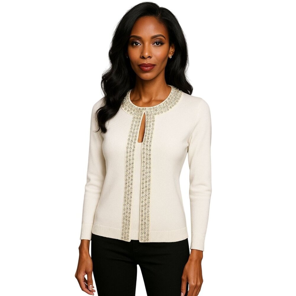 Carmen Marc Valvo White Beaded Cardigan Sweater W/ Pearl & Rhinestone Embellishm